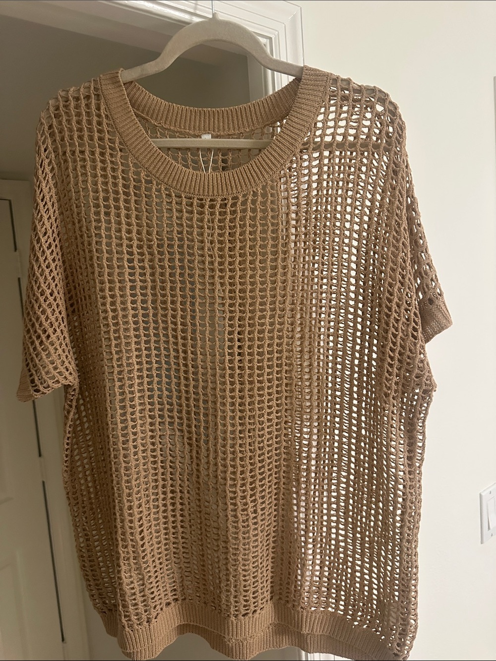 Open Weave Short Sleeve Knit Top - Tan